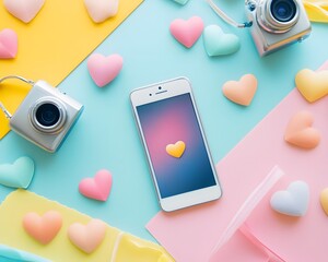A Valentine's Day stationery with hearts and a smartphone showing a romantic message. Ideal for marketing, digital cards, or social posts, capturing love and connection in today's digital era.