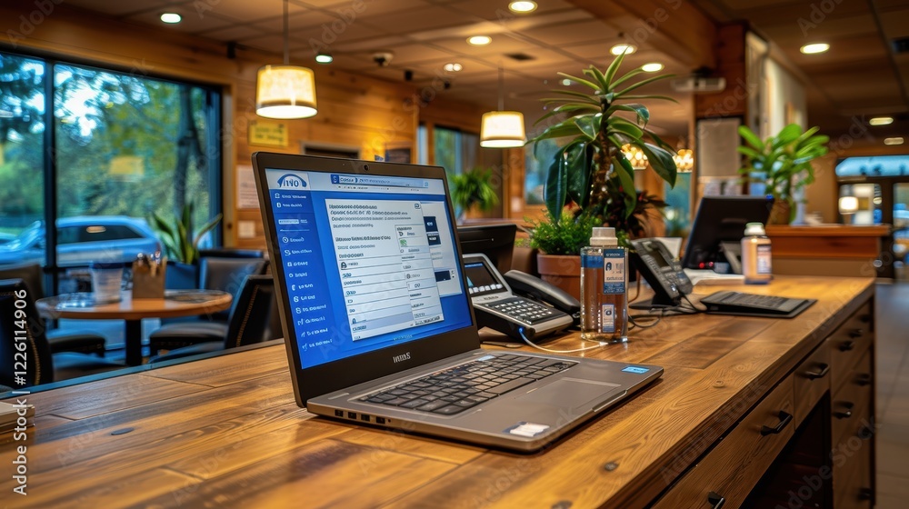 Wall mural modern workspace with a laptop displaying a website interface on a wooden desk in a cozy office envi