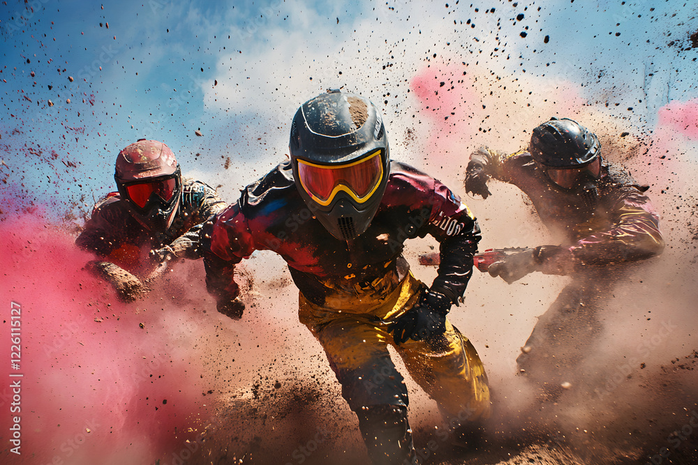 Wall mural adrenaline chase: paintball players strategically duck behind obstacles in intense game of skill and