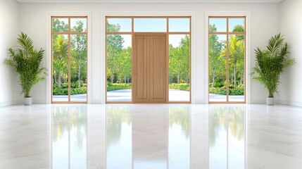 Fototapeta premium Bright empty modern home entrance hall with a wooden front door and large windows overlooking a green garden.