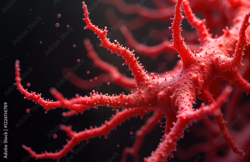 Leinwandbilder close-up view of complex red substance structure against dark background. intricate branching forms 