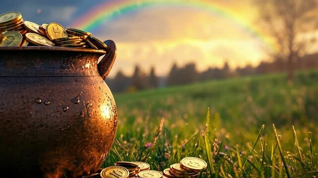 Pot of gold at rainbow's end on a grass field. Happy St. Patrick's Day