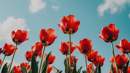 Obraz premium Vibrant red tulips blooming under a clear blue sky, creating a picturesque spring landscape