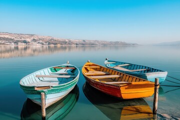 Obraz premium Tranquil Scene of Colorful Fishing Boats Anchored on Calm Water Under Clear Blue Sky, Natural Beauty of Serene Landscape, Idyllic Coastal Escape