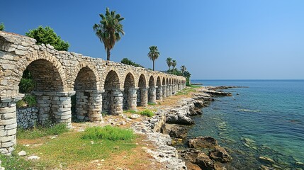 Ancient Stone Aqueduct Beside a Calm Sea