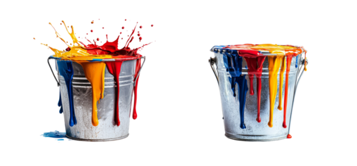 Colorful Paint Buckets with Splashes on Transparent Background