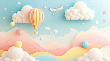 Floating hot air balloon adventure dreamy landscape digital art whimsical environment aerial view fantasy concept