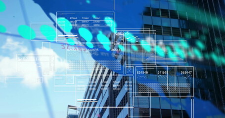 Image of digital data processing over cityscape background
