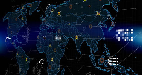 Image of digital data processing over world map on black background