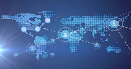 Image of network of connections with icons over world map