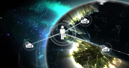 Image of network of connections with icons over globe