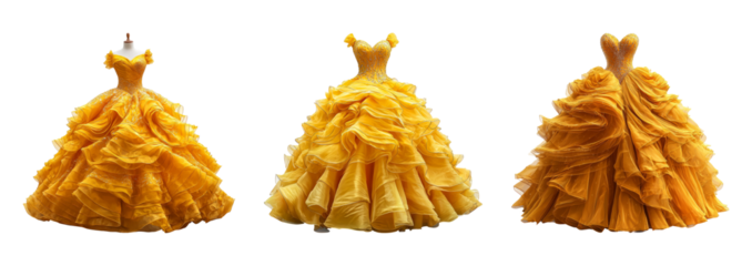 Elegant Yellow Ball Gown on Transparent Background