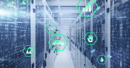 Image of data processing and ecology icons over server room