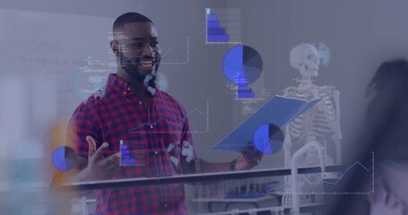 Image of data processing over diverse schoolchildren and male teacher in classroom