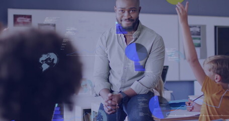 Image of data processing over diverse schoolchildren and male teacher in classroom