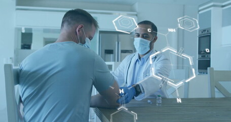 Image of chemical formula over biracial male doctor with patient taking vaccine