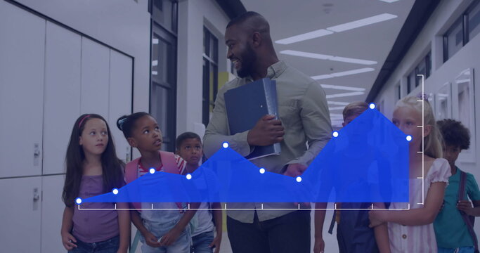 Image of data processing over diverse schoolchildren and male teacher in classroom