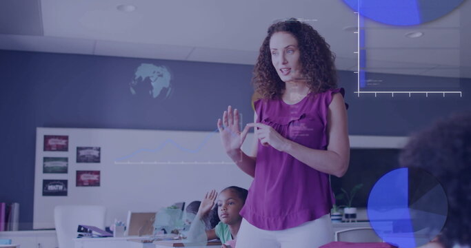 Image of data processing over diverse schoolchildren and female teacher in classroom
