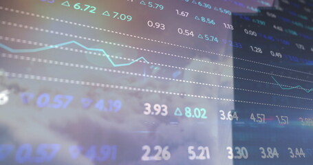 Image of diagrams and stock market over cityscape