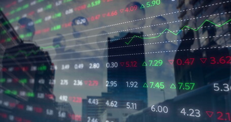 Image of diagrams and stock market over business people and cityscape