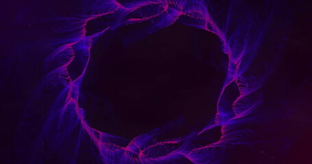 Image of pink and blue network ring moving on black background