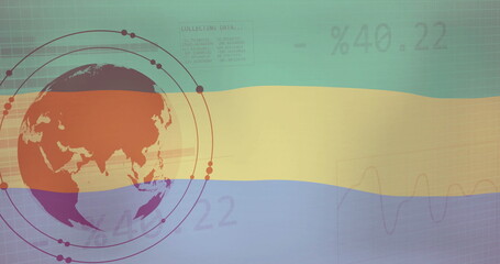 Fototapeta premium Image of flag of gabon over globe, charts and processing data