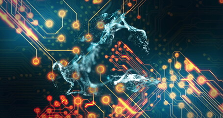 Image of white shapes over network of connections