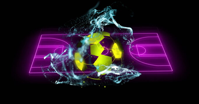 Image of neon stadium and football on black background