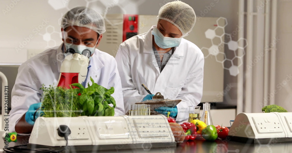 Poster image of element diagrams and data processing over two diverse scientists working at lab