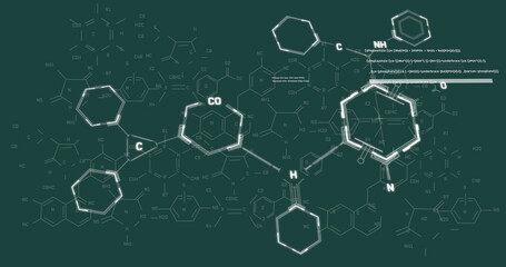 Image of chemical formula and data processing on green background