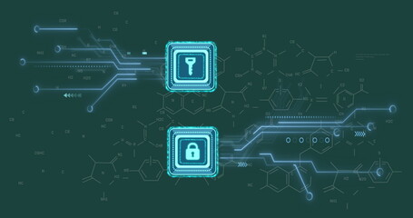 Image of key and padlock icons over chemical formula on green background