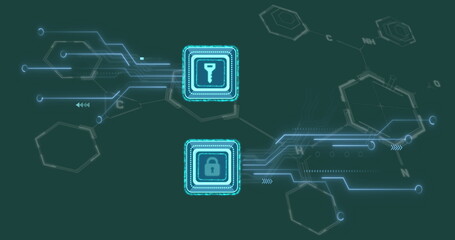 Image of key and padlock icons over chemical formula on green background