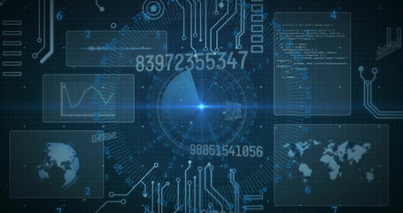 Image of circuit board and digital data processing over black background