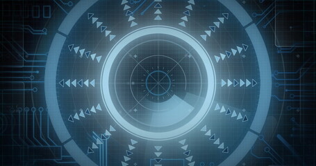 Image of circuit board and digital data processing over black background