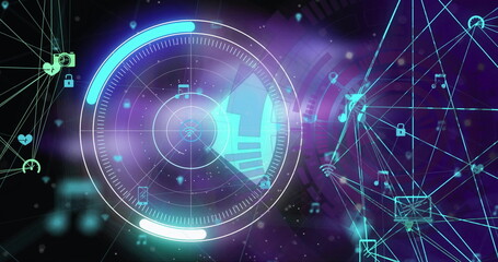 Image of connections and digital data processing over black background