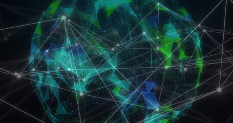 Image of network of connections over globe on dark background