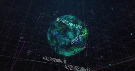 Image of network of connections over globe on black background