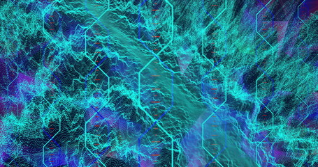 Image of dna strands and shapes moving on black background