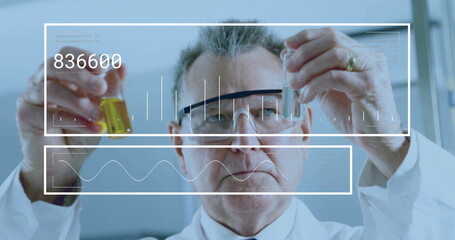 Image of scientific data processing over caucasian male scientist in laboratory