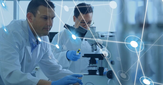 Image of scientific data processing over diverse scientists in laboratory