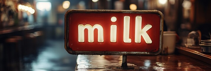 Vintage neon sign with glowing 'milk' lettering in an old-fashioned setting, showcasing retro design and warm ambiance for nostalgic vibes