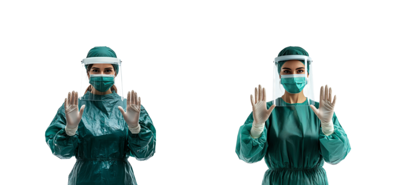 Medical Professional in Protective Gear Hands Up