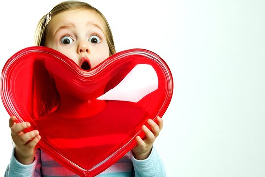 Commercial ad visual idea. Sign of love. Ð¡hildren valentine's day greeting card: toddler girl with astonished face holds red heart in hands. Romantic family valentine's scene. Heart and child.