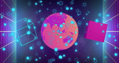 Image of globe and shapes moving on black background