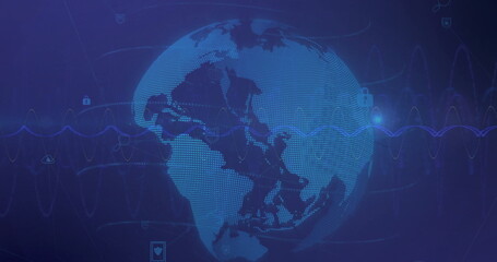 Image of network of connections over globe with icons