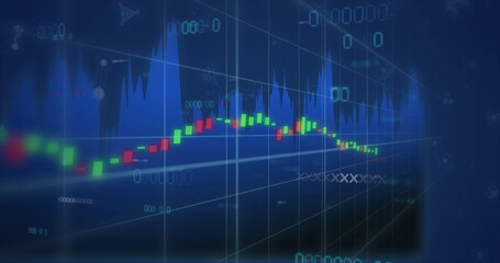 Image of financial data processing over molecules on black background