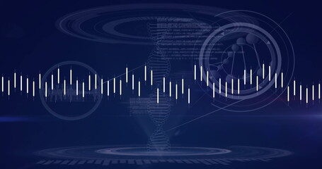 Image of financial data processing over dna strand on black background