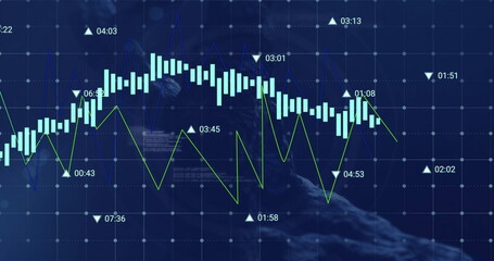 Image of financial data processing over dna strand on black background