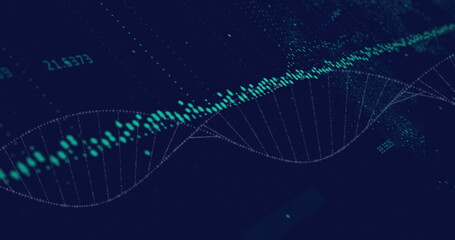 Image of financial data processing over dna strand on black background