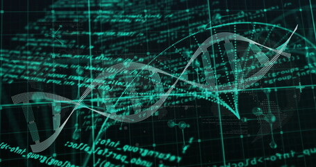Image of data processing over dna strand and molecules on black background